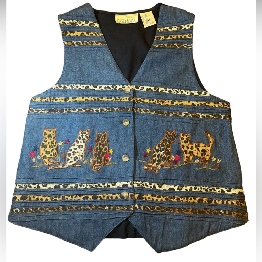 Casey & Max Vest “Cats”Embroidered 100% Cotton Multi Color Medium